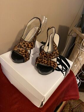 Nine West Leopard Print Slingback Platform Heels - Brown/Black